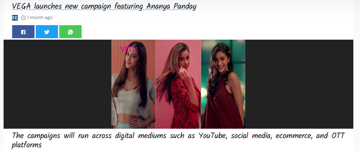 VEGA announces new campaigns for 3 in 1 Hair Styler and Hair Brushes featuring Ananya Panday